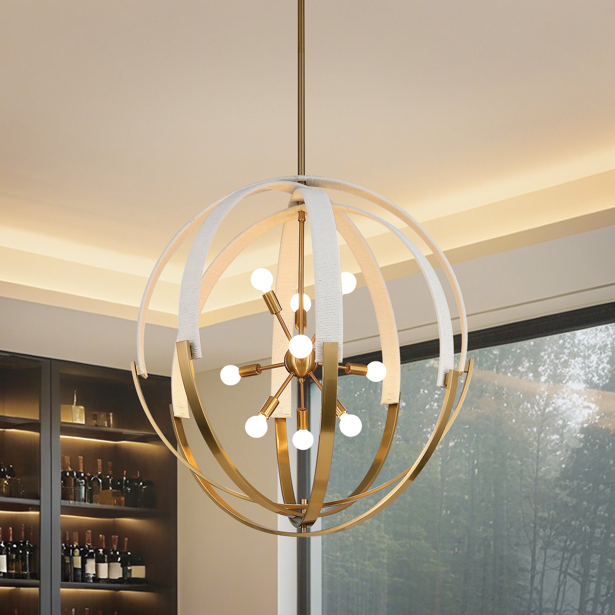 Abbey 31-inch 9-light Brass and Cream Cotton Rope Chandelier