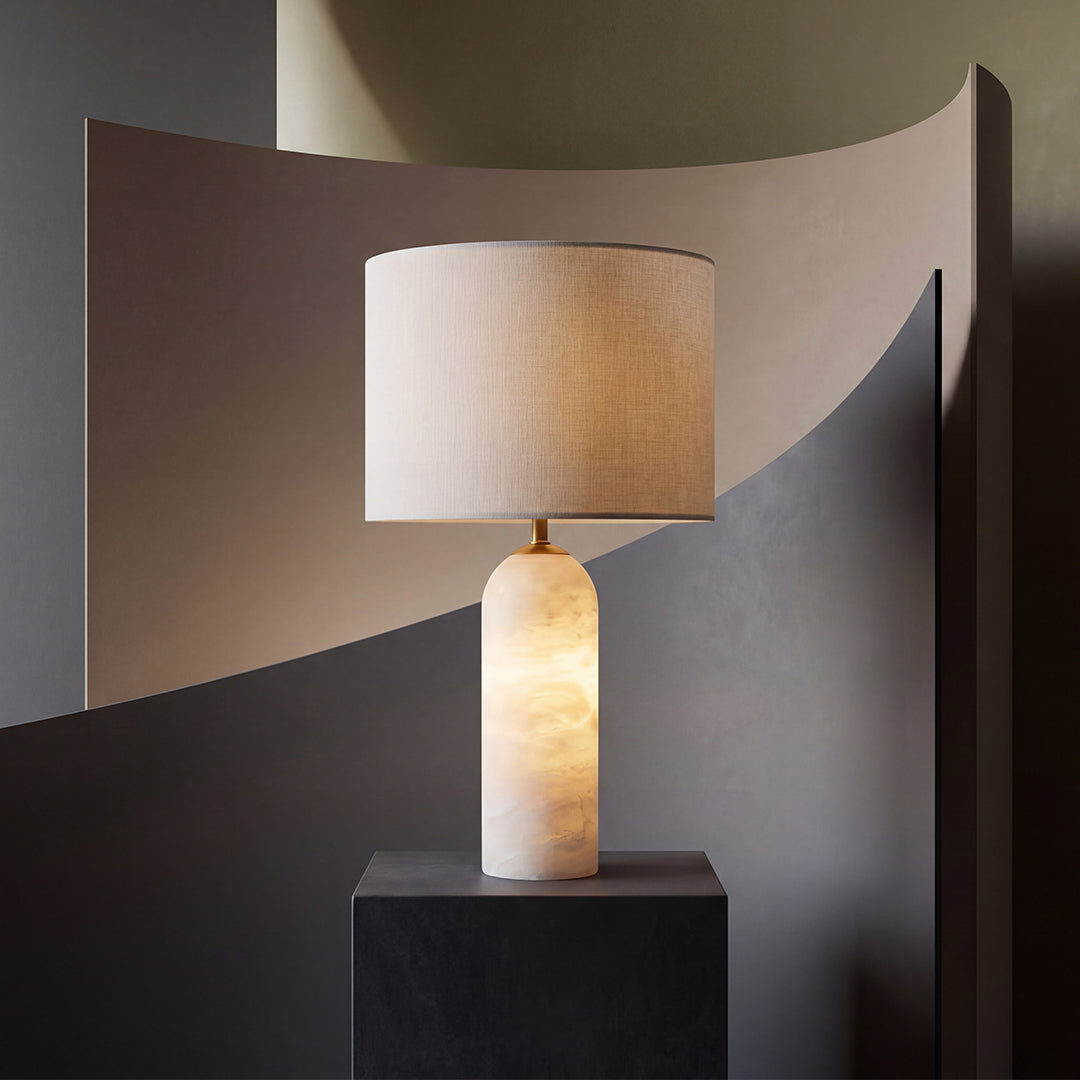 Firma 2 Light Linen Table Lamp with Alabaster Base