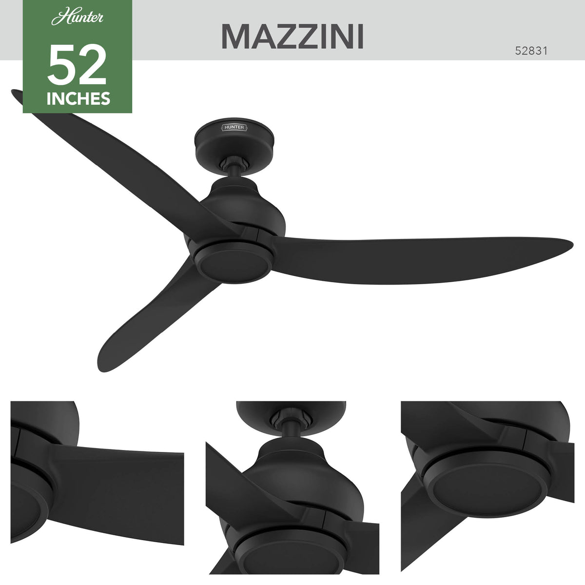 52 inch Mazzini ENERGY STAR® Matte Black Damp Rated Ceiling Fan and Handheld Remote