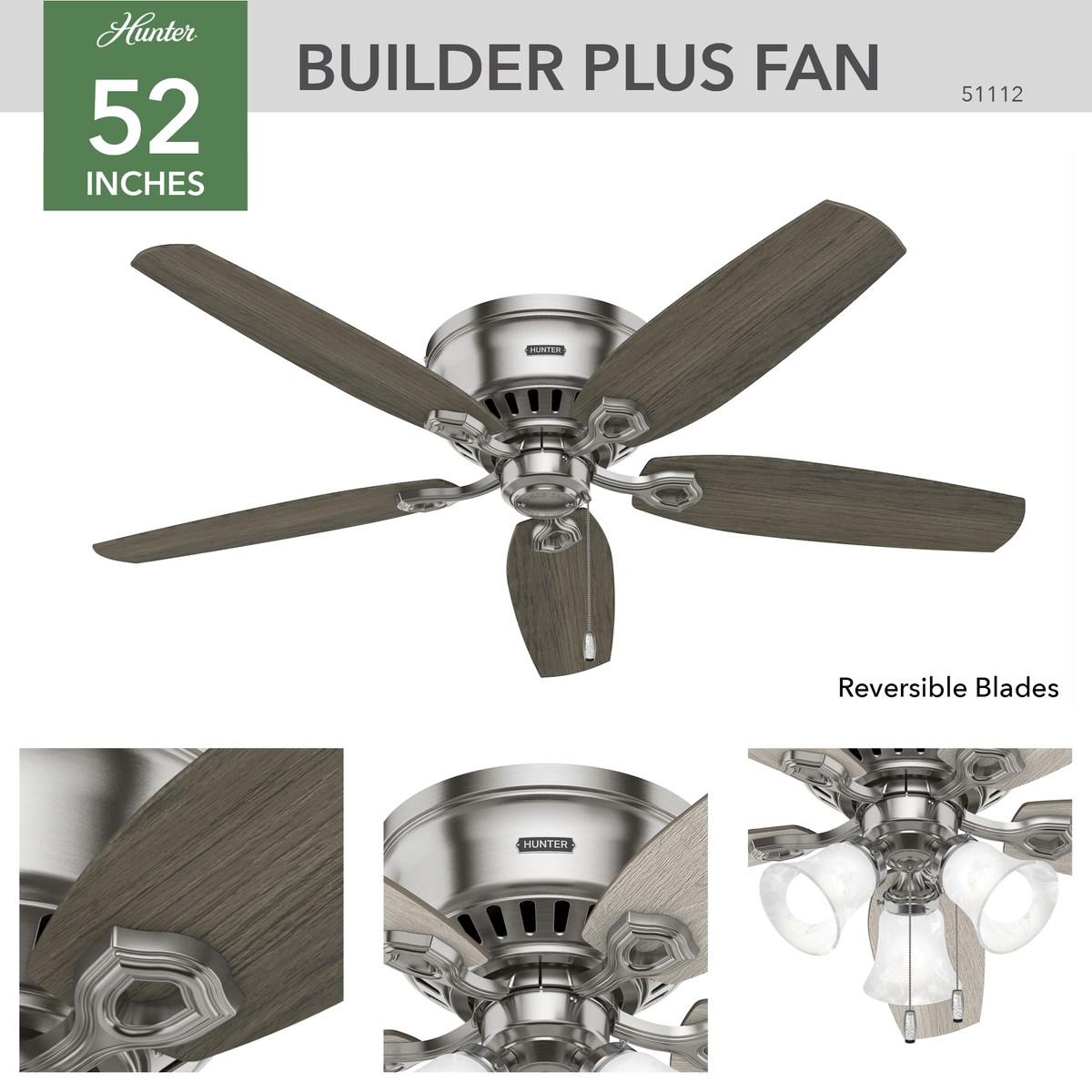 52 inch Builder Brushed Nickel Low Profile Ceiling Fan with LED Light Kit