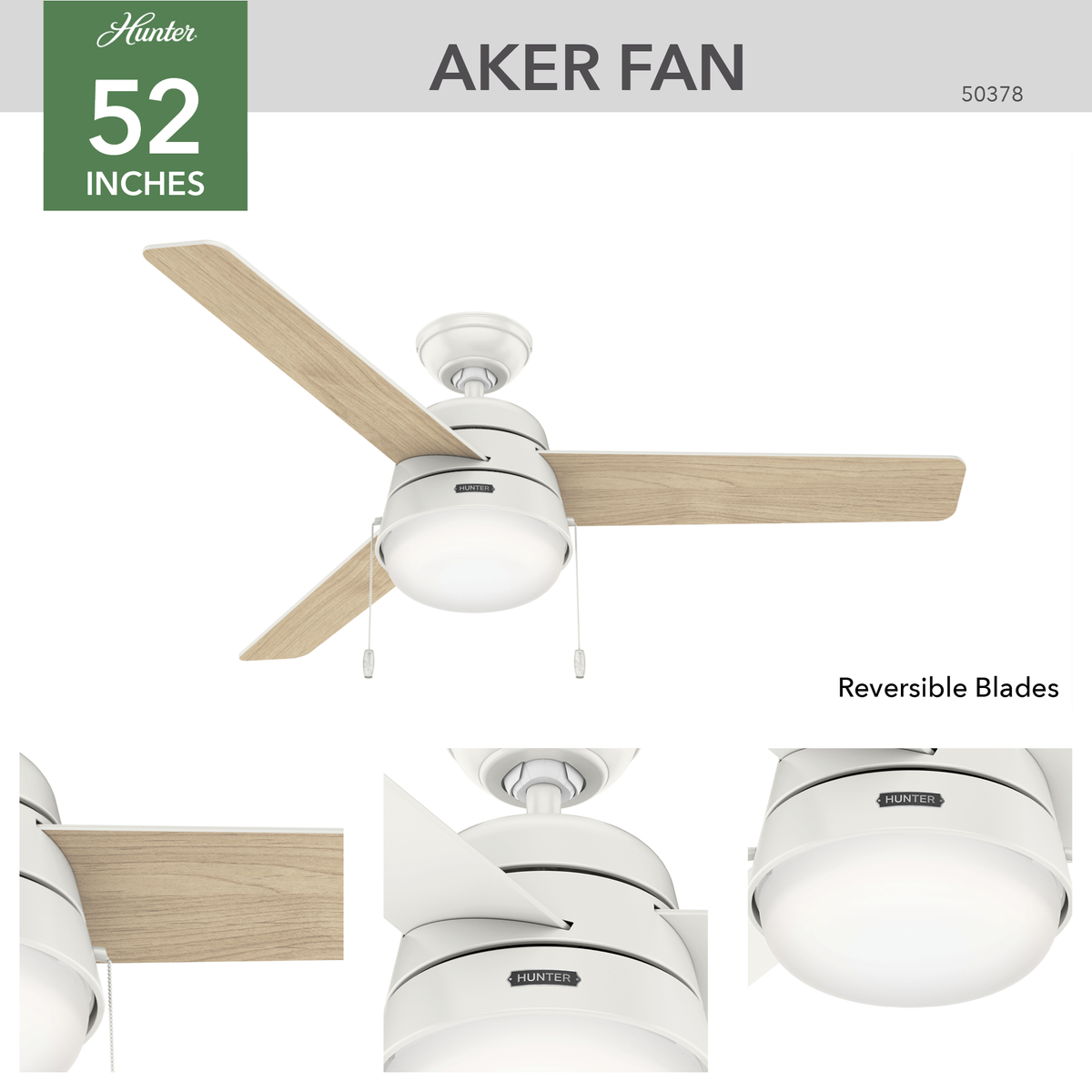 52 inch Aker Fresh White Ceiling Fan with LED Light Kit and Pull Chain