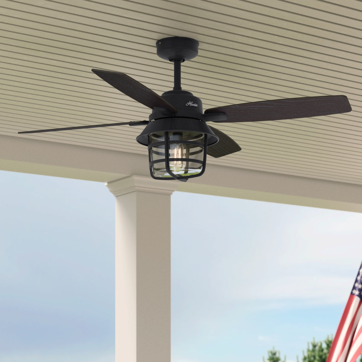 52 inch Port Royale Natural Black Iron Damp Rated Ceiling Fan with LED Light Kit and Handheld Remote