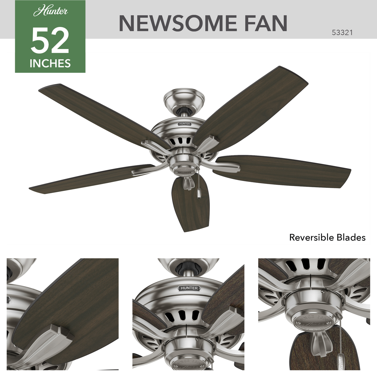 52 inch Newsome Brushed Nickel Ceiling Fan and Pull Chain