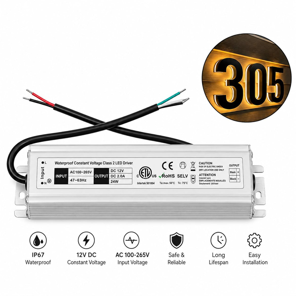 12V Power Source 24W for Backlit House Numbers