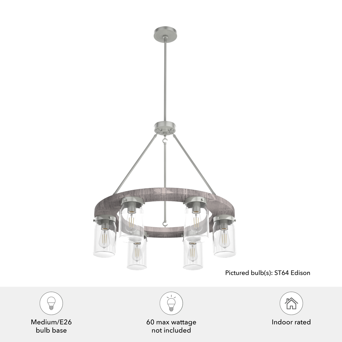 Devon Park 26.5-inch 6-light Brushed Nickel and Grey Wood Chandelier with Clear Glass