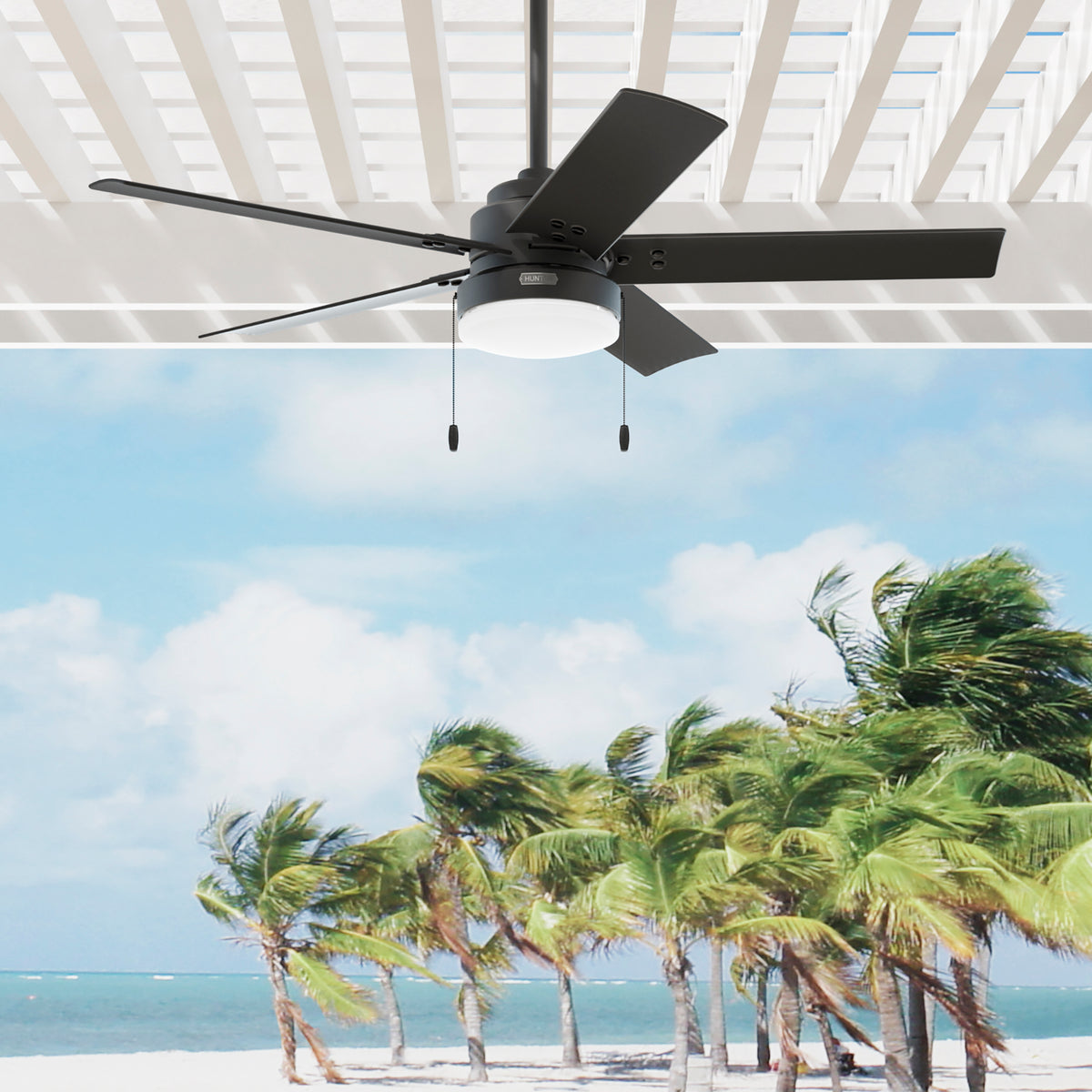 52 inch Sea Point Matte Black WeatherMax Indoor / Outdoor Ceiling Fan with LED Light Kit and Pull Chain