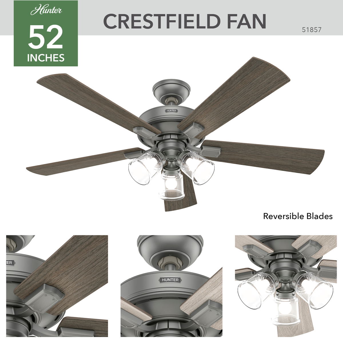52 inch Crestfield Matte Silver Ceiling Fan with LED Light Kit and Handheld Remote