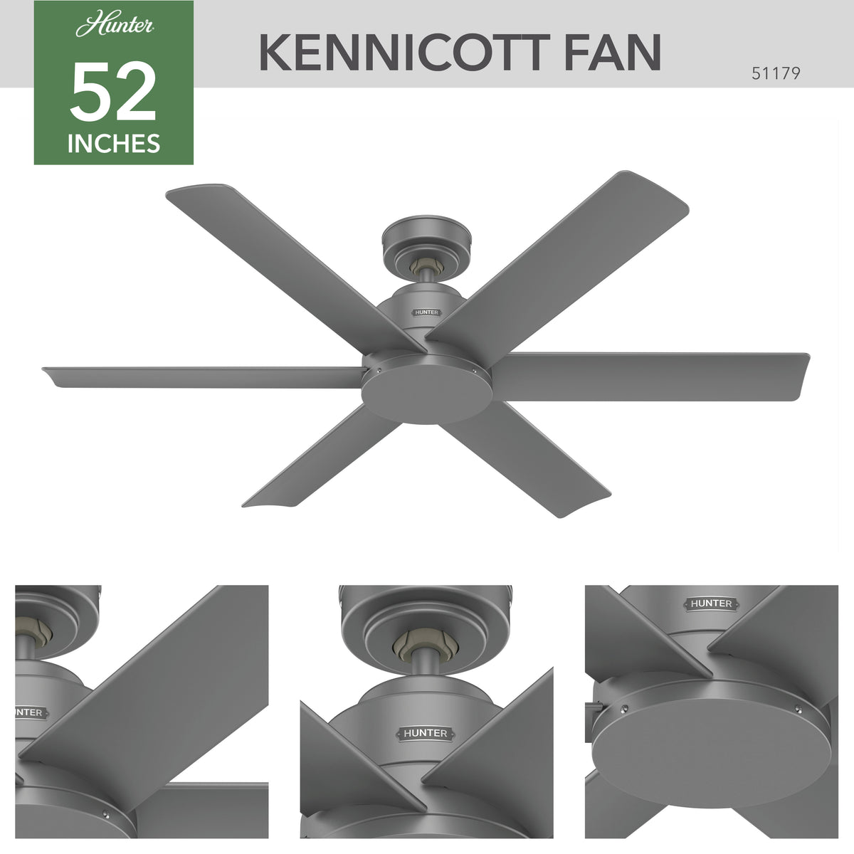52 inch Kennicott Matte Silver Damp Rated Ceiling Fan and Wall Control
