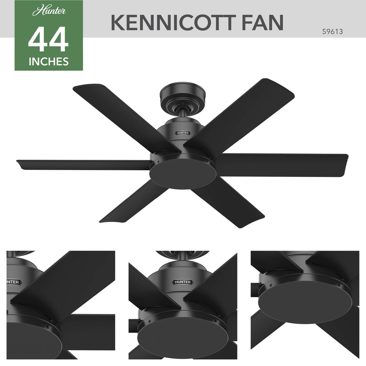 44 inch Kennicott Matte Black Damp Rated Ceiling Fan and Wall Control