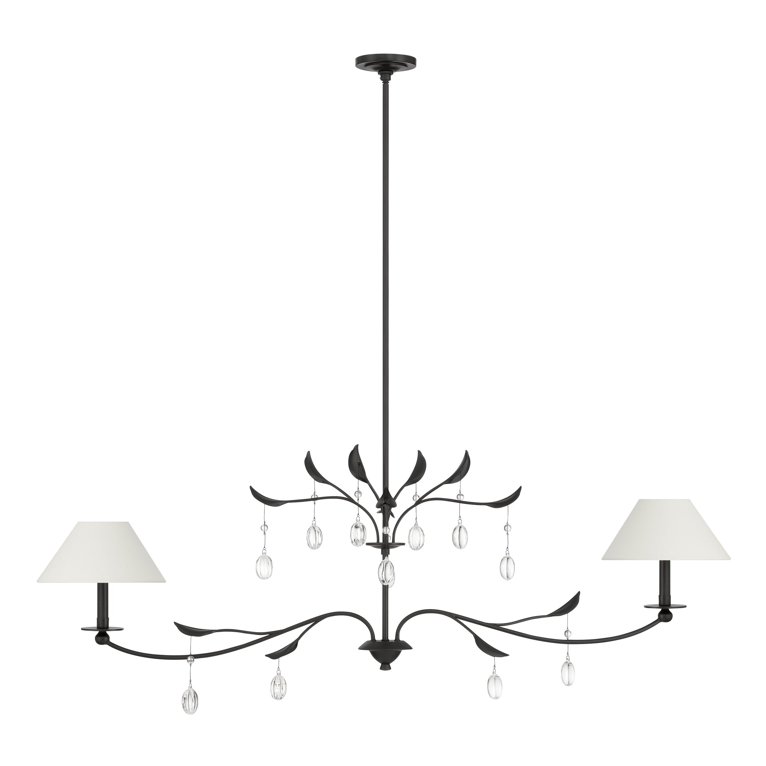 Presley 56-inch 2-light Textured Black Linear Chandelier with Clear Glass Drops and White Linen Shades