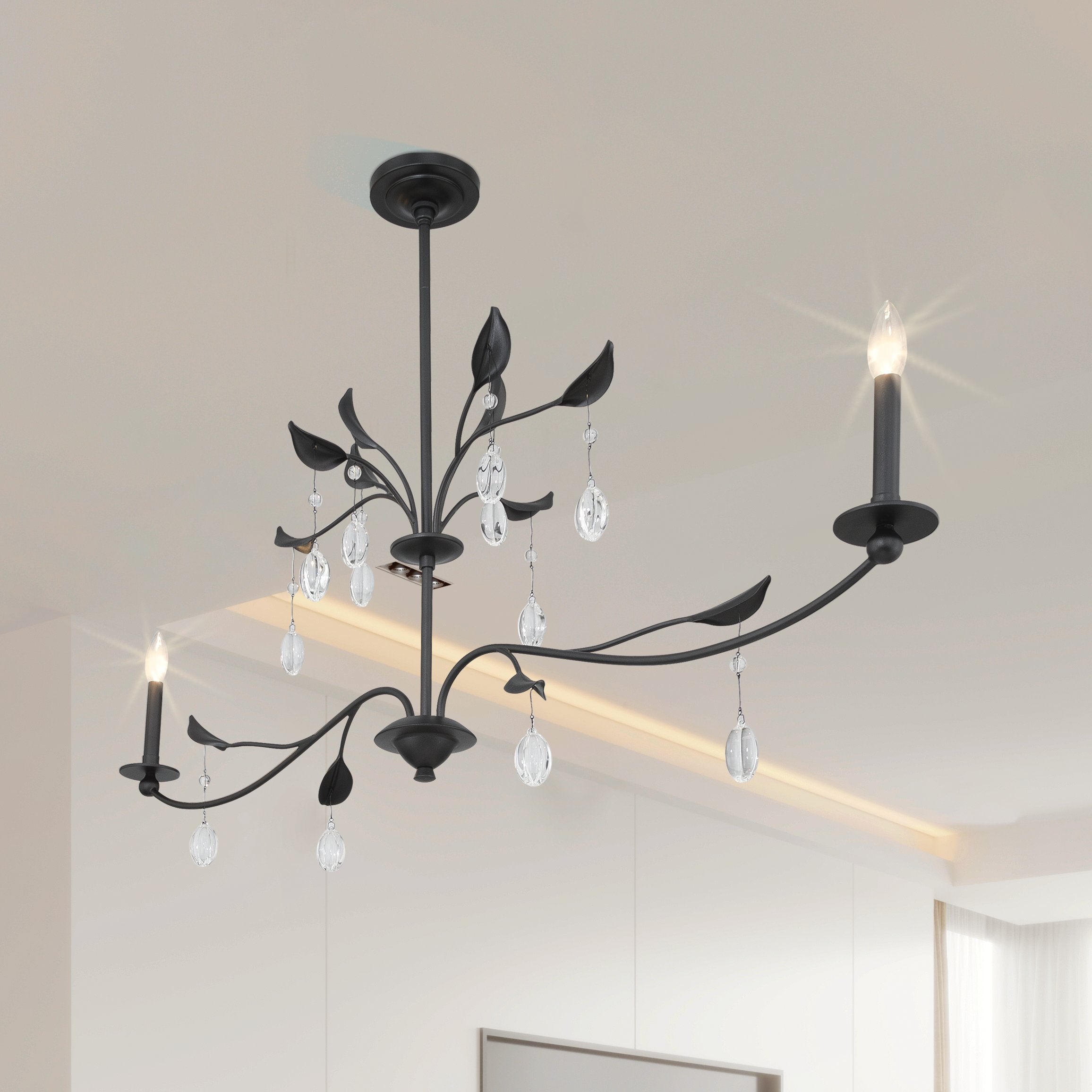 Presley 56-inch 2-light Textured Black Linear Chandelier with Clear Glass Drops and White Linen Shades