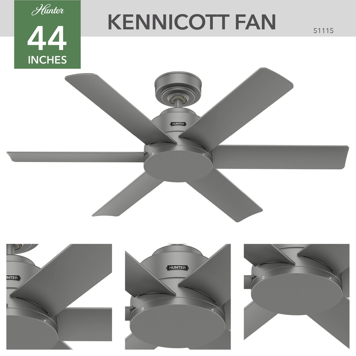 44 inch Kennicott Matte Silver Damp Rated Ceiling Fan and Wall Control