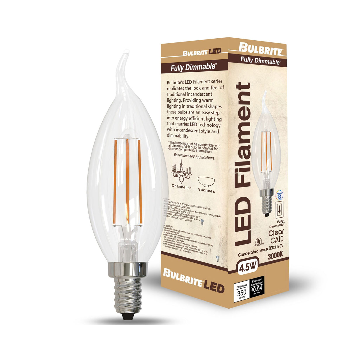 CA10 4.5W Dimmable Clear Filament LED Light Bulb with E12 Base, 3000K, 350 Lumens, 4-Pack