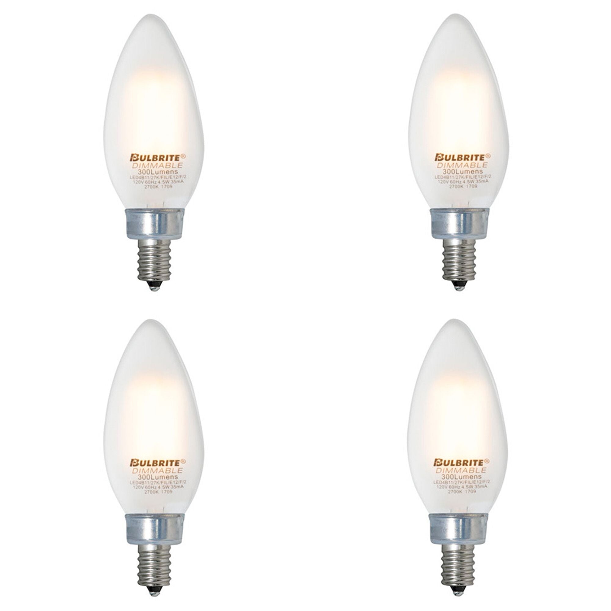B11 4W Dimmable Milky Filament LED Light Bulb with E12 Base, 2700K, 300 Lumens, 4-Pack