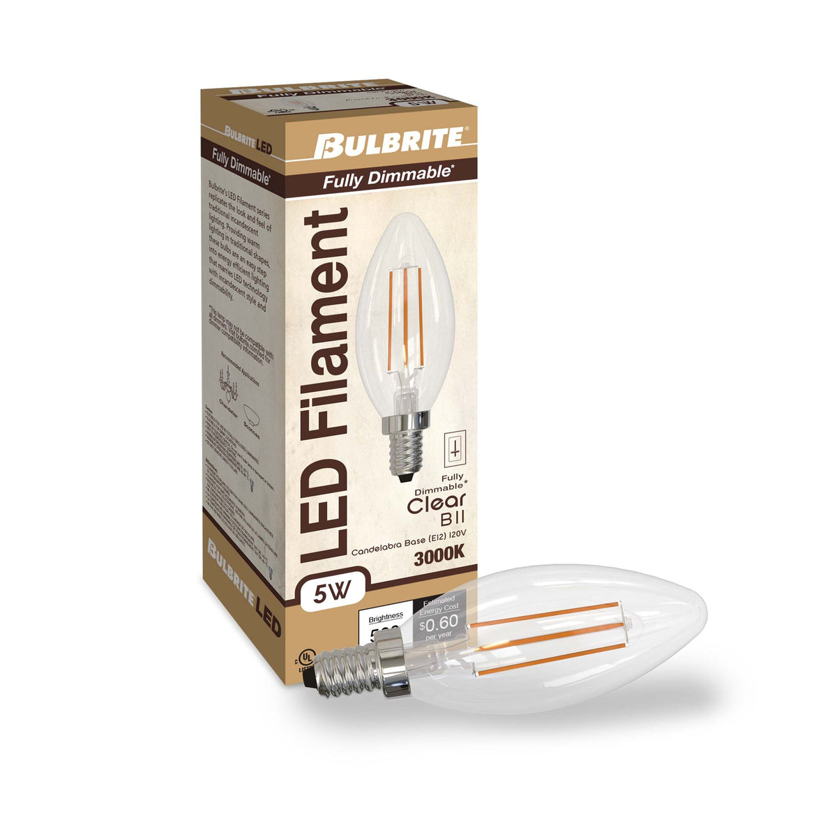 B11 5W Dimmable Clear Filament LED Light Bulb with E12 Base, 3000K, 500 Lumens, 3-Pack