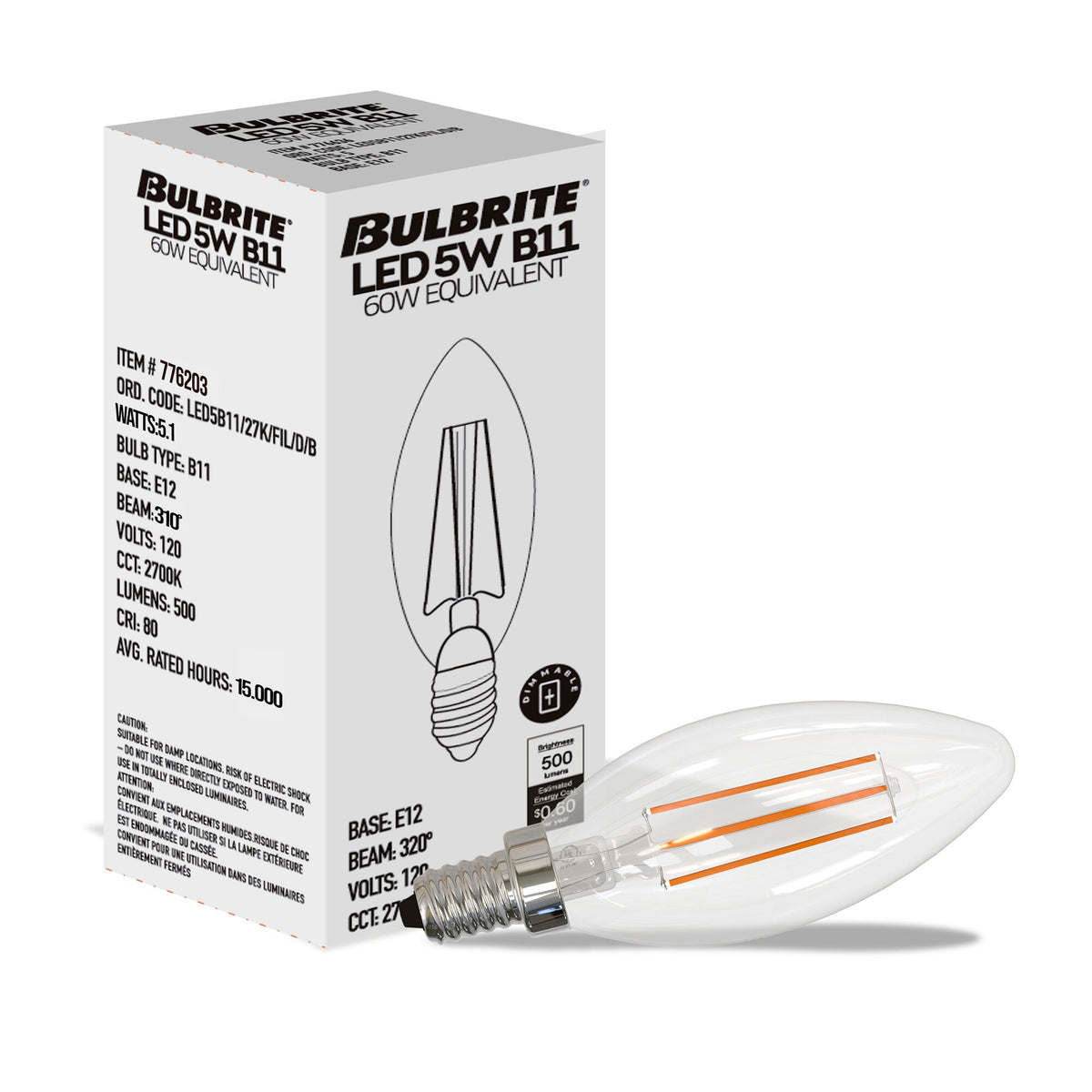 B11 5.1W Dimmable Clear Filament LED Light Bulb with E12 Base, 2700K, 500 Lumens, 4-Pack