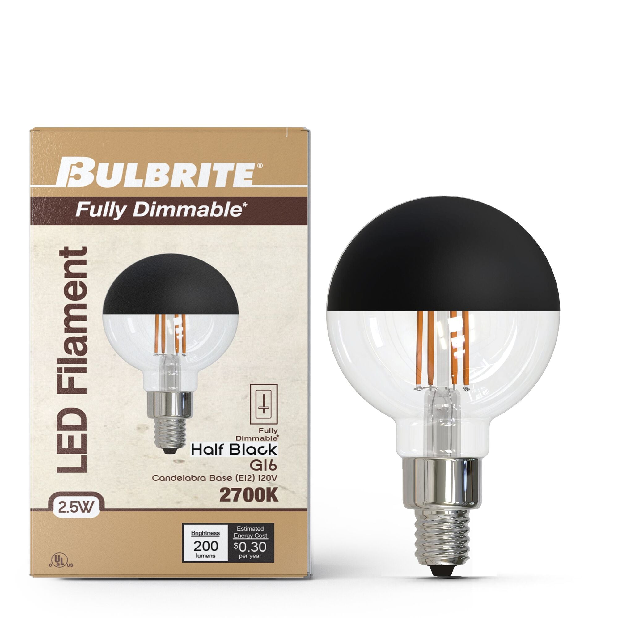 Half Series Designer G25 5W Dimmable Half Black Filament LED Light Bulb with E26 Base, 2700K, 400 Lumens, 4-Pack