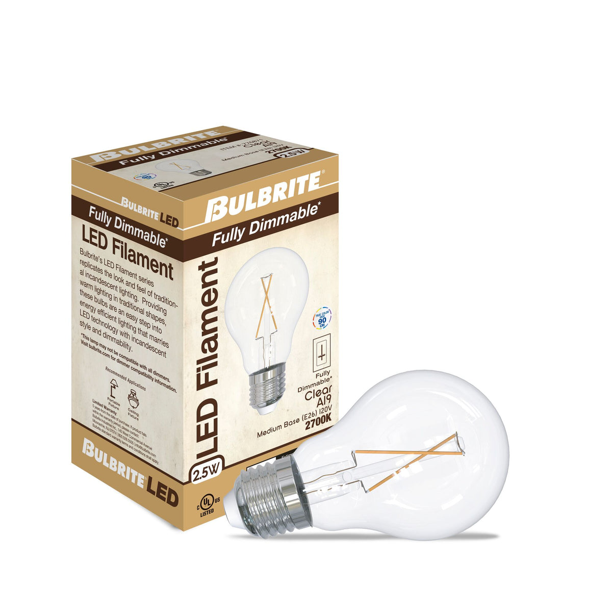 A19 2.5W Dimmable Clear Filament LED Light Bulb with E26 Base, 2700K, 250 Lumens, 6-Pack, 25W Equivalent