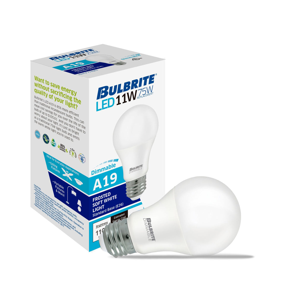 A19 11W Dimmable Frost LED Light Bulb with E26 Base, 3000K, 1100 Lumens, 4-Pack