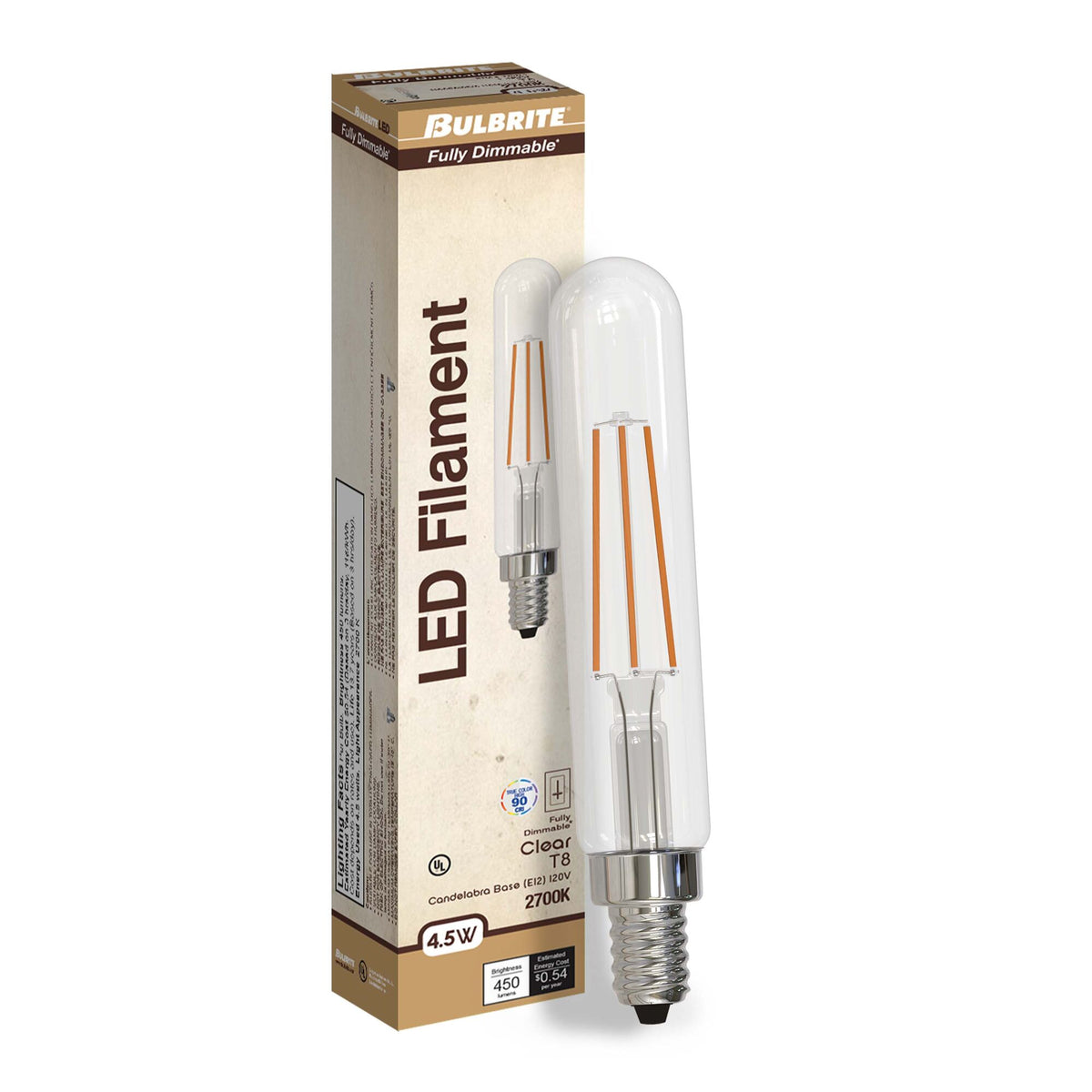 T8 4.5W Dimmable Clear Filament LED Light Bulb with E12 Base, 2700K, 450 Lumens, 4-Pack