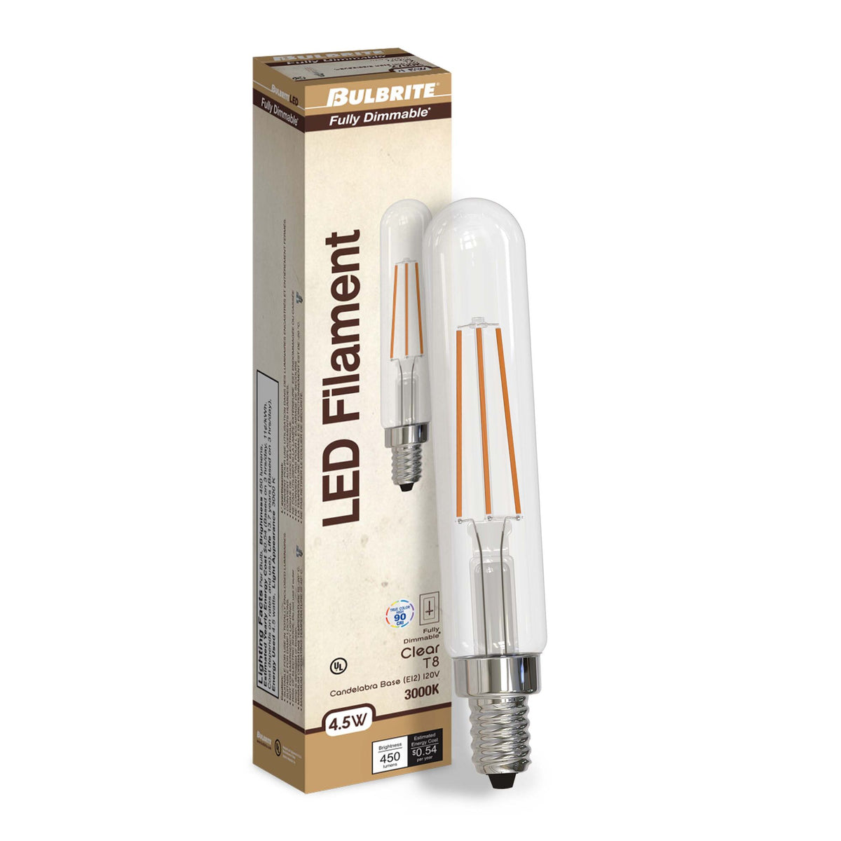 T8 4.5W Dimmable Clear Filament LED Light Bulb with E12 Base, 3000K, 450 Lumens, 4-Pack