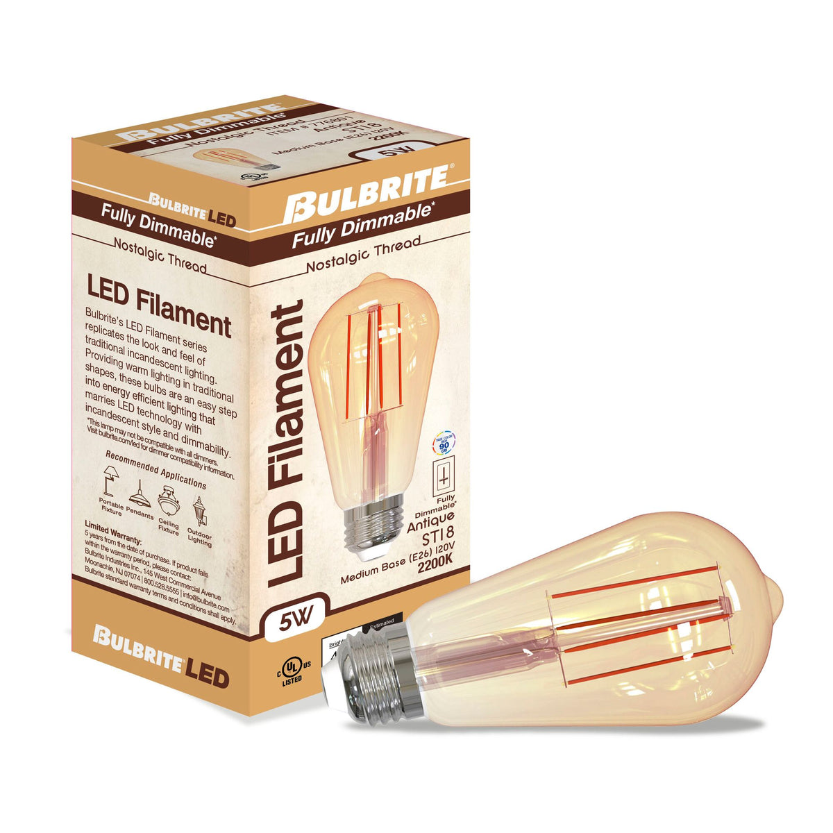 ST18 5W Dimmable Antique Filament LED Light Bulb with E26 Base, 2200K, 450 Lumens, 4-Pack