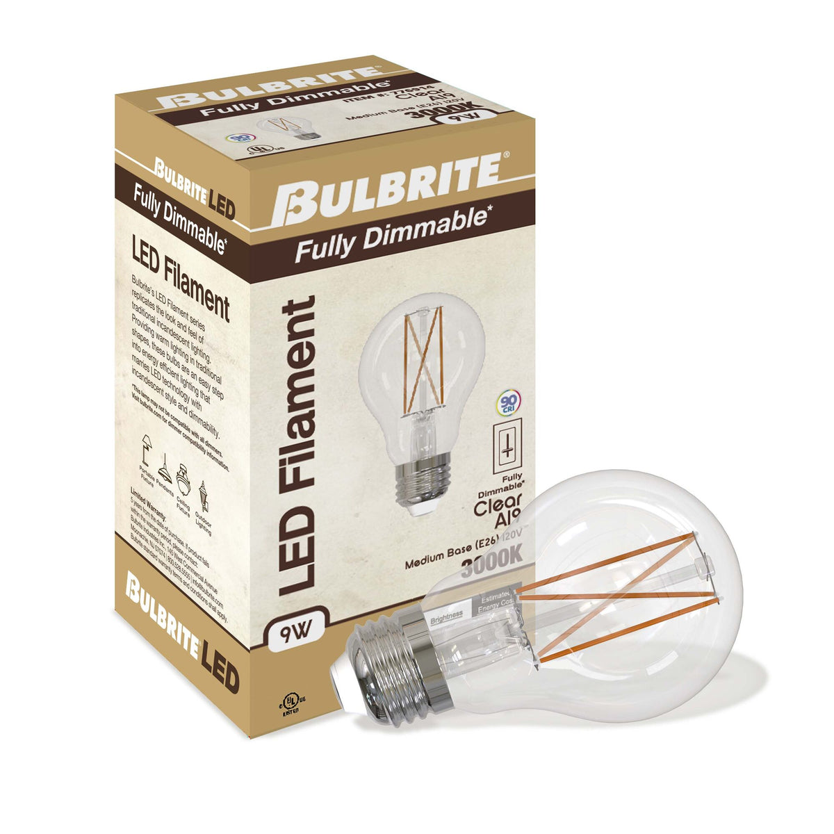 A19 9W Dimmable Clear Filament LED Light Bulb with E26 Base, 3000K, 1100 Lumens, 4-Pack, 90 CRI