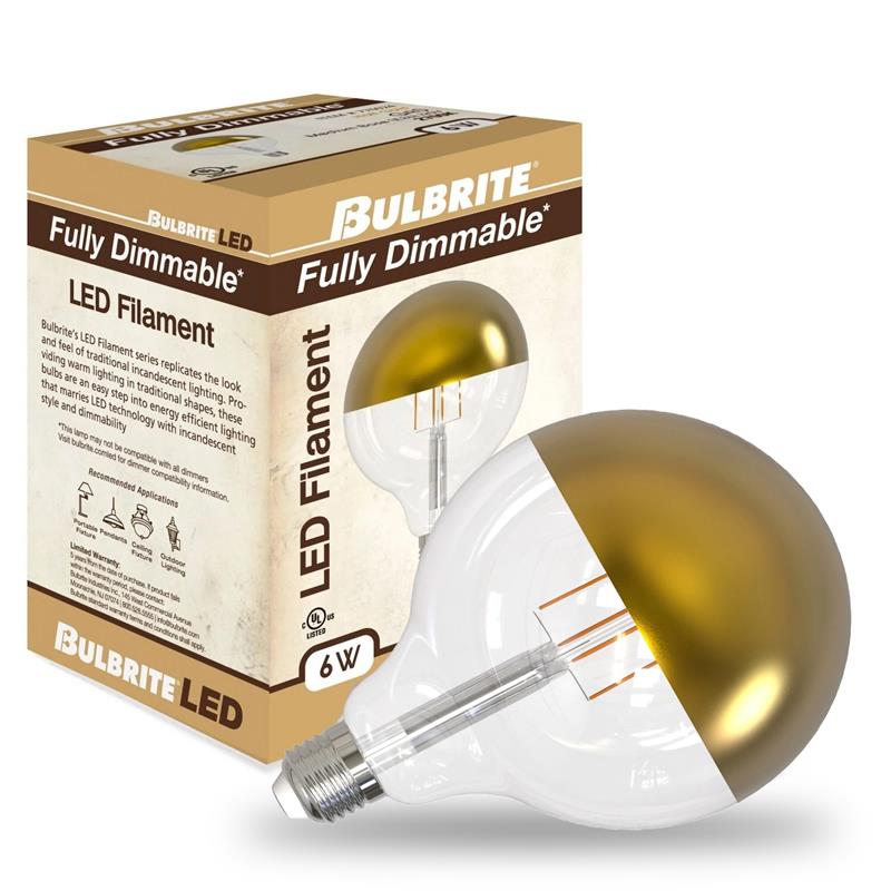 G40 6W Dimmable Half Gold Filament LED Light Bulb with E26 Base, 2700K, 500 Lumens, 4-Pack