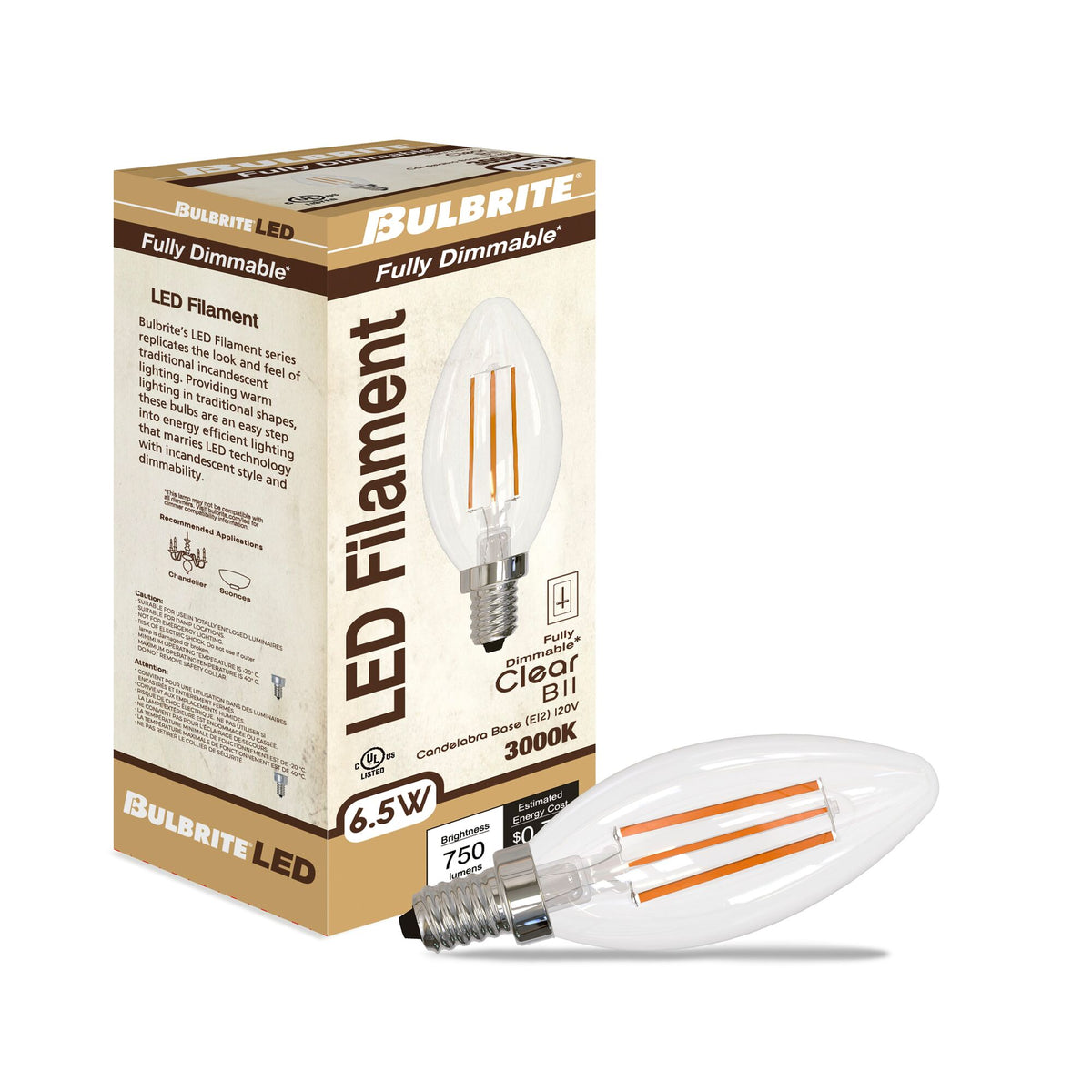 B11 6.5W Dimmable Clear Filament LED Light Bulb with E12 Base, 3000K, 750 Lumens, 4-Pack