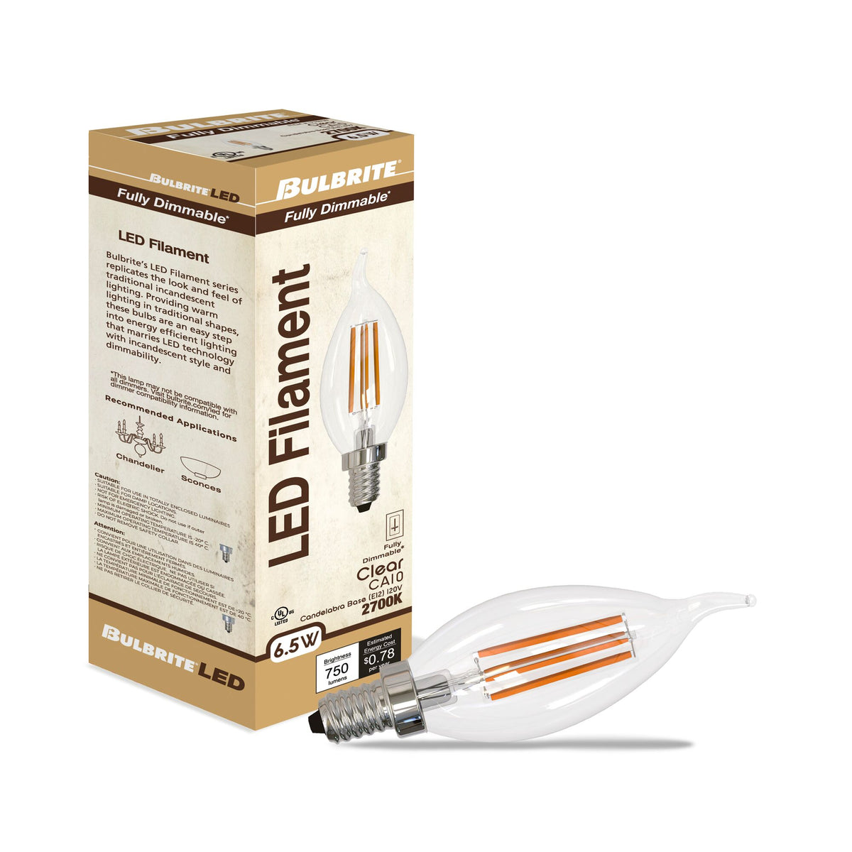 CA10 6.5W Dimmable Clear Filament LED Light Bulb with E12 Base, 2700K, 750 Lumens, 4-Pack