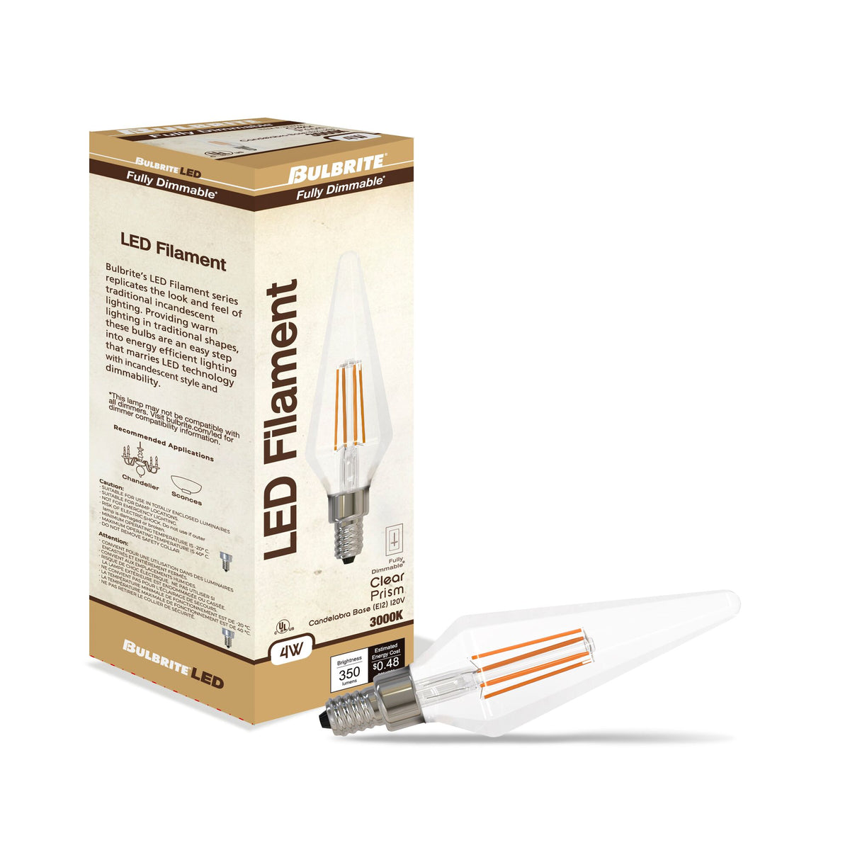 Prism 4W Dimmable Clear Filament LED Light Bulb with E12 Base, 3000K, 350 Lumens, 4-Pack