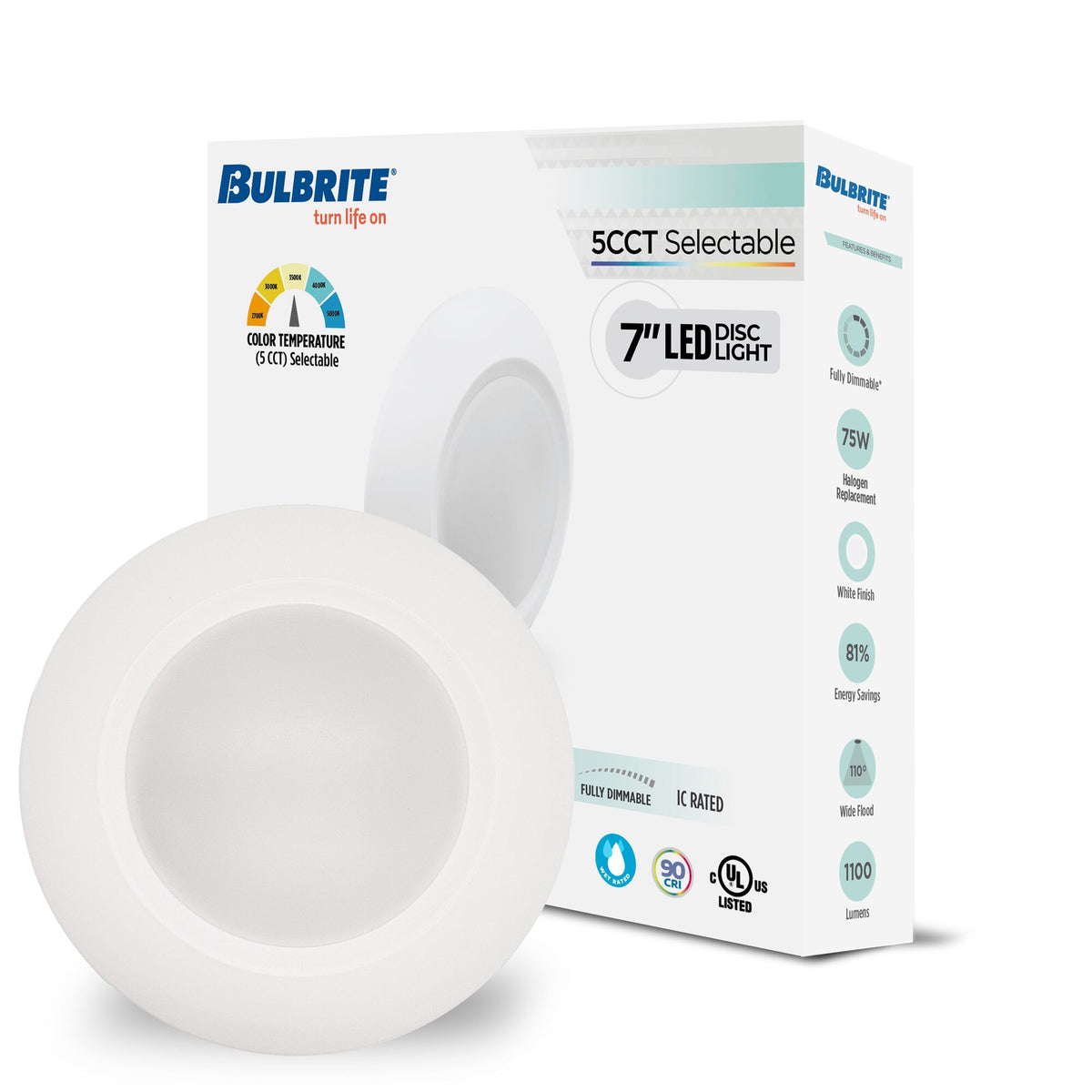 7-inch White 14W Dimmable LED Disc Downlight, 5 CCT - 27/30/35/40/50K, 1100 Lumens, 6-Pack