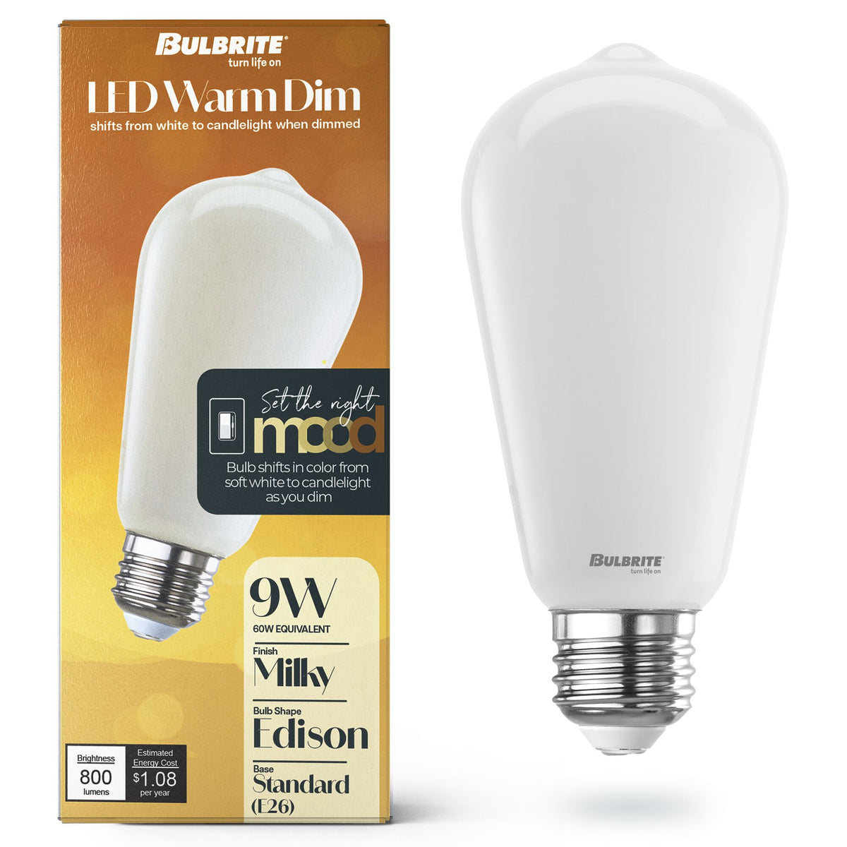 Warm Dims ST18 9W Dimmable Milky Filament LED Light Bulb with E26 Base, 3000K-1800K, 800 Lumens, 2-Pack