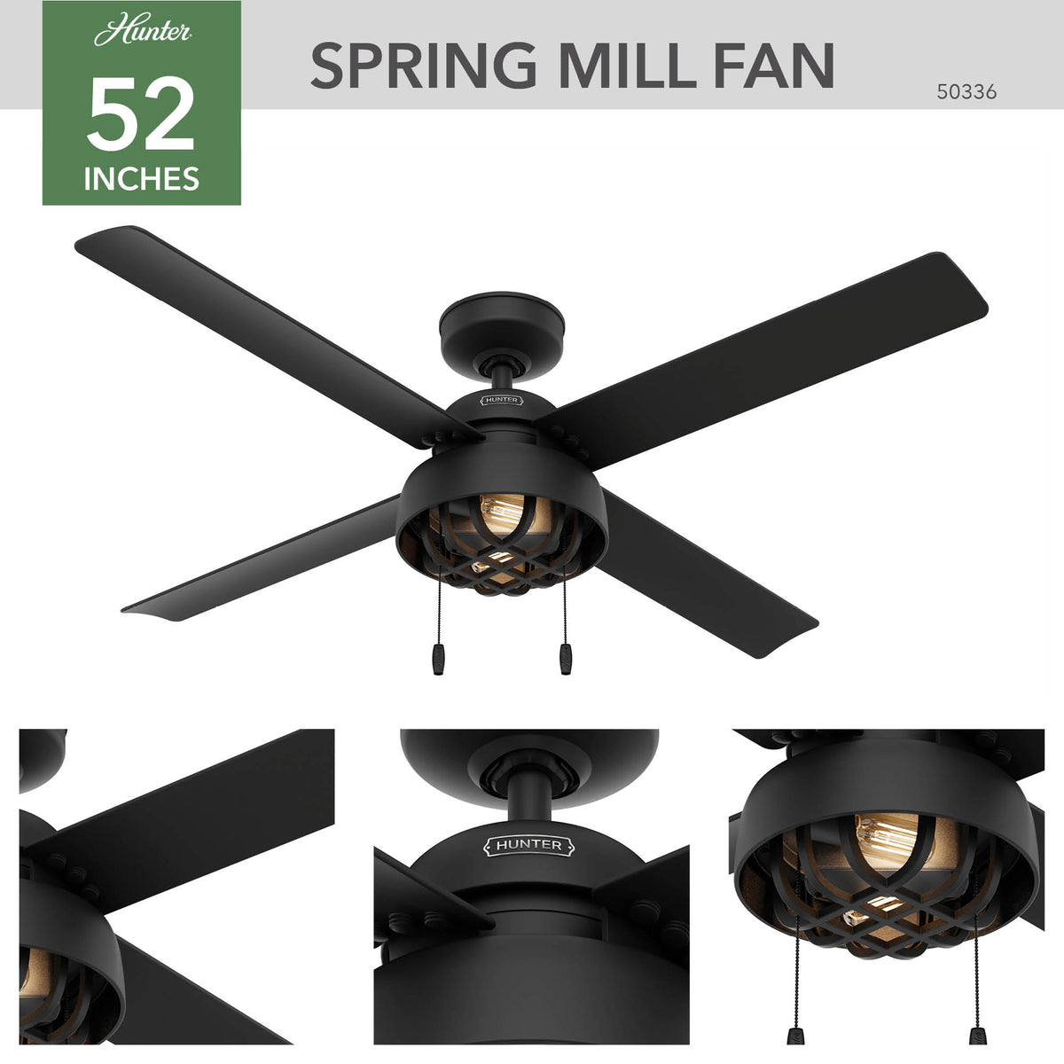 52 inch Spring Mill Matte Black Damp Rated Ceiling Fan with LED Light Kit and Pull Chain