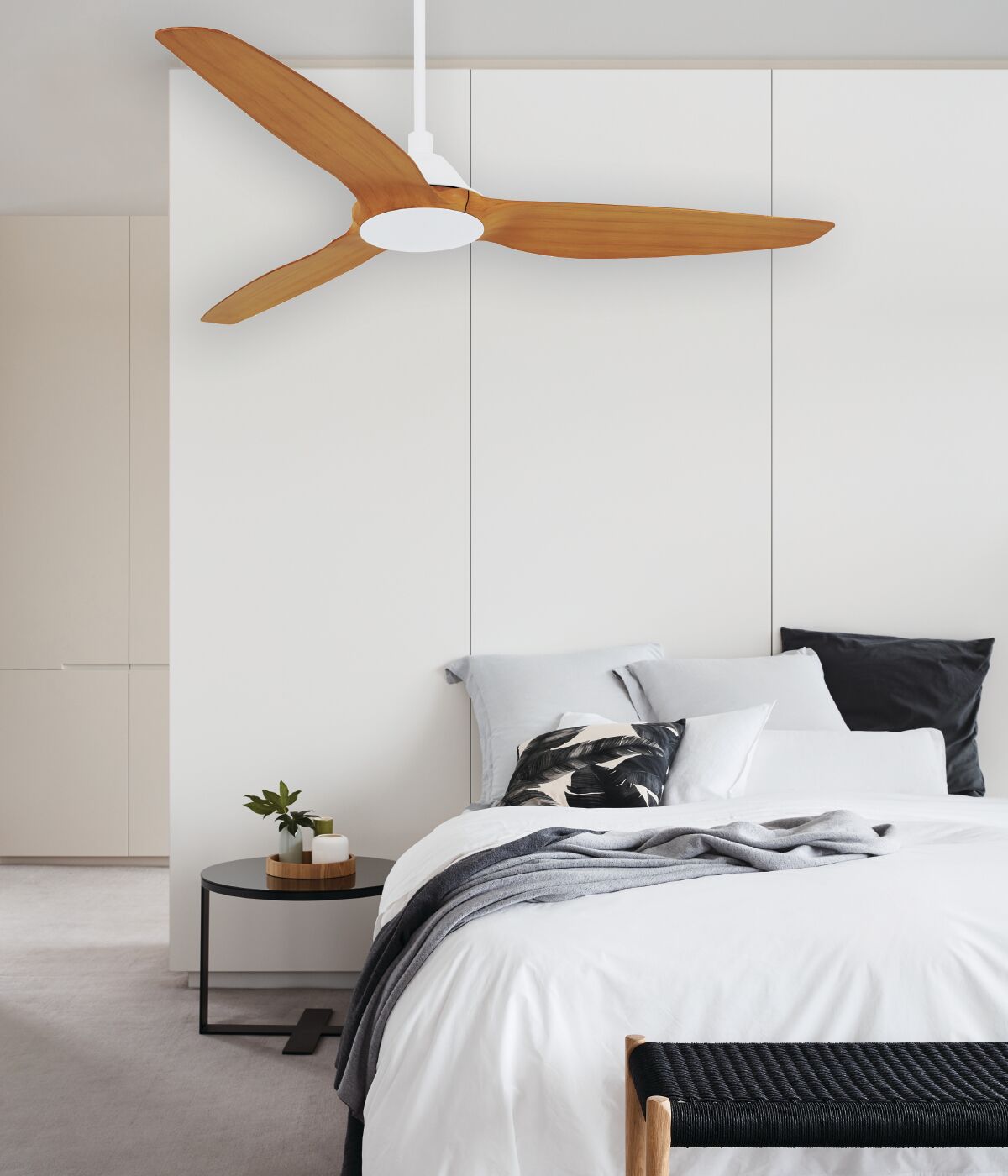 60 Inch DC White Ceiling Fan in White and Teak with Remote