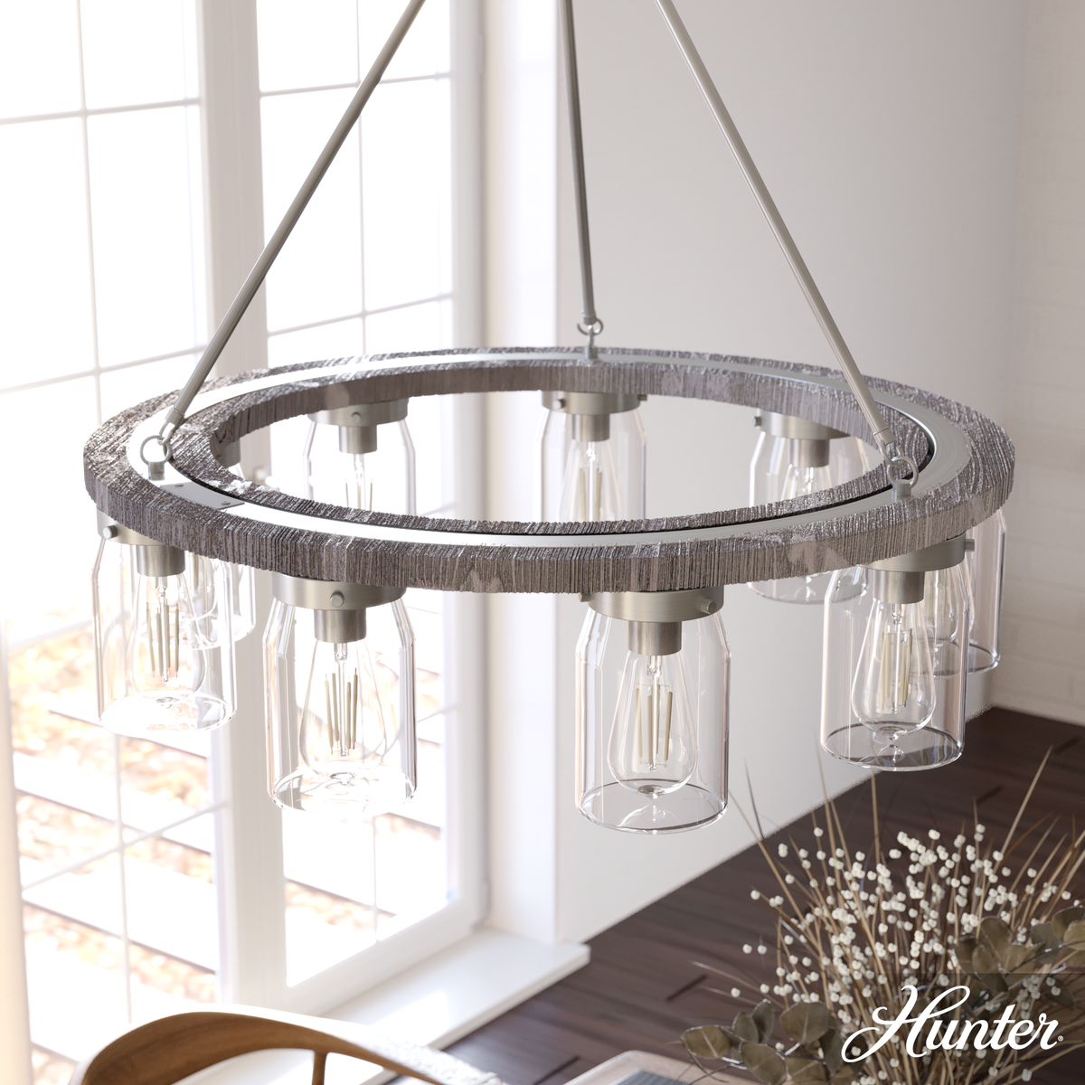 Devon Park 31-inch 9-light Brushed Nickel and Grey Wood Chandelier with Clear Glass