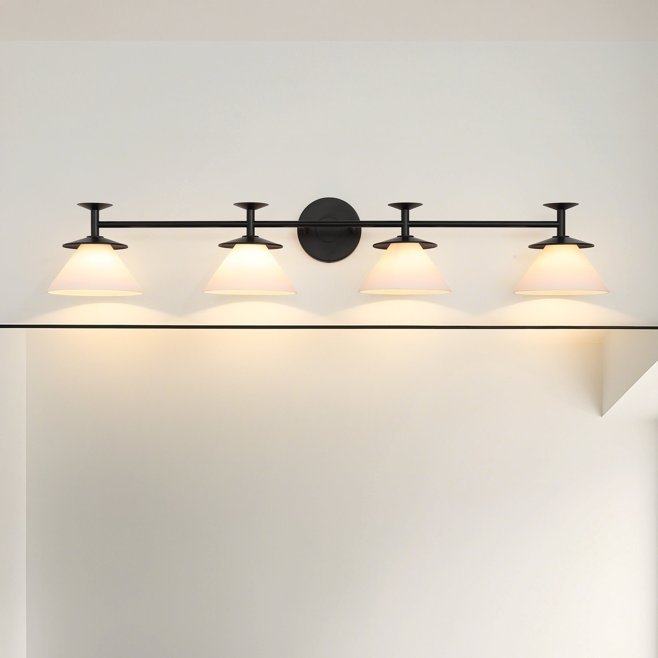 Tremolo 42-inch 4-light Matte Black and Champagne Gold Vanity Light with Etched Opal Glass
