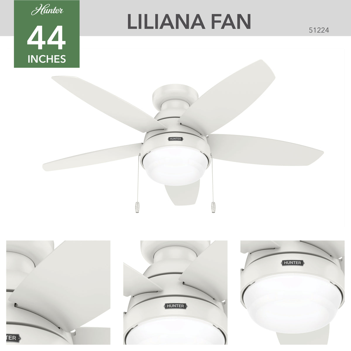 44 inch Lilliana Fresh White Low Profile Ceiling Fan with LED Light Kit and Pull Chain