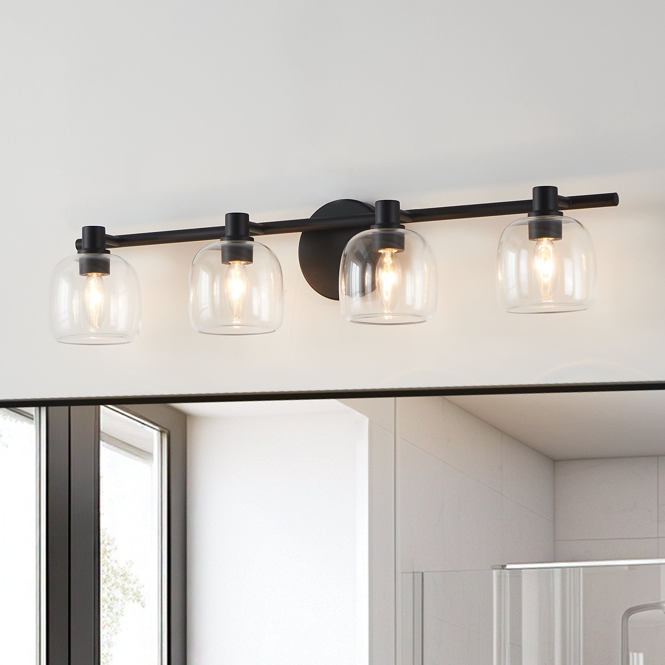 Valentina 30-inch 4-light Matte Black Vanity Light with Clear Glass Shades