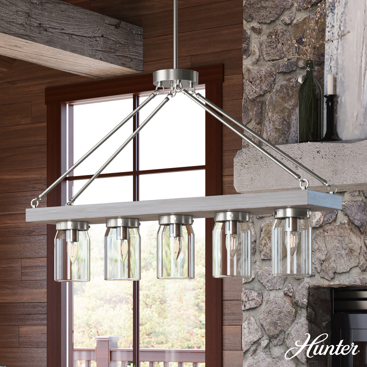 Devon Park 38-inch 5-light Brushed Nickel and Grey Wood Linear Chandelier with Clear Glass