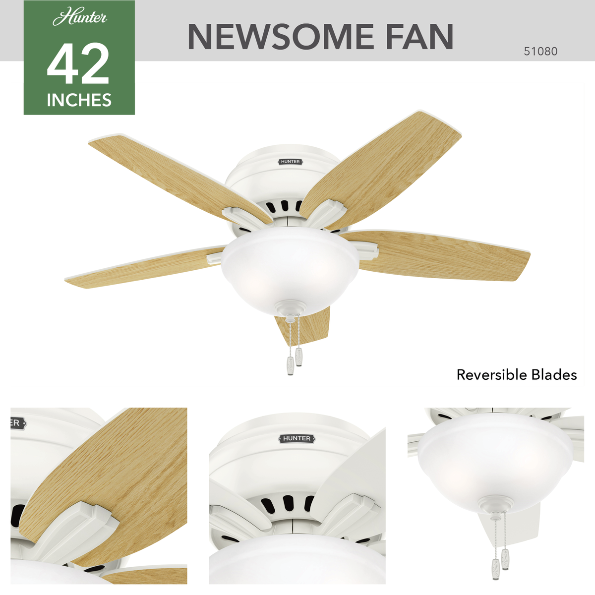 42 inch Newsome Fresh White Low Profile Ceiling Fan with LED Light Kit and Pull Chain