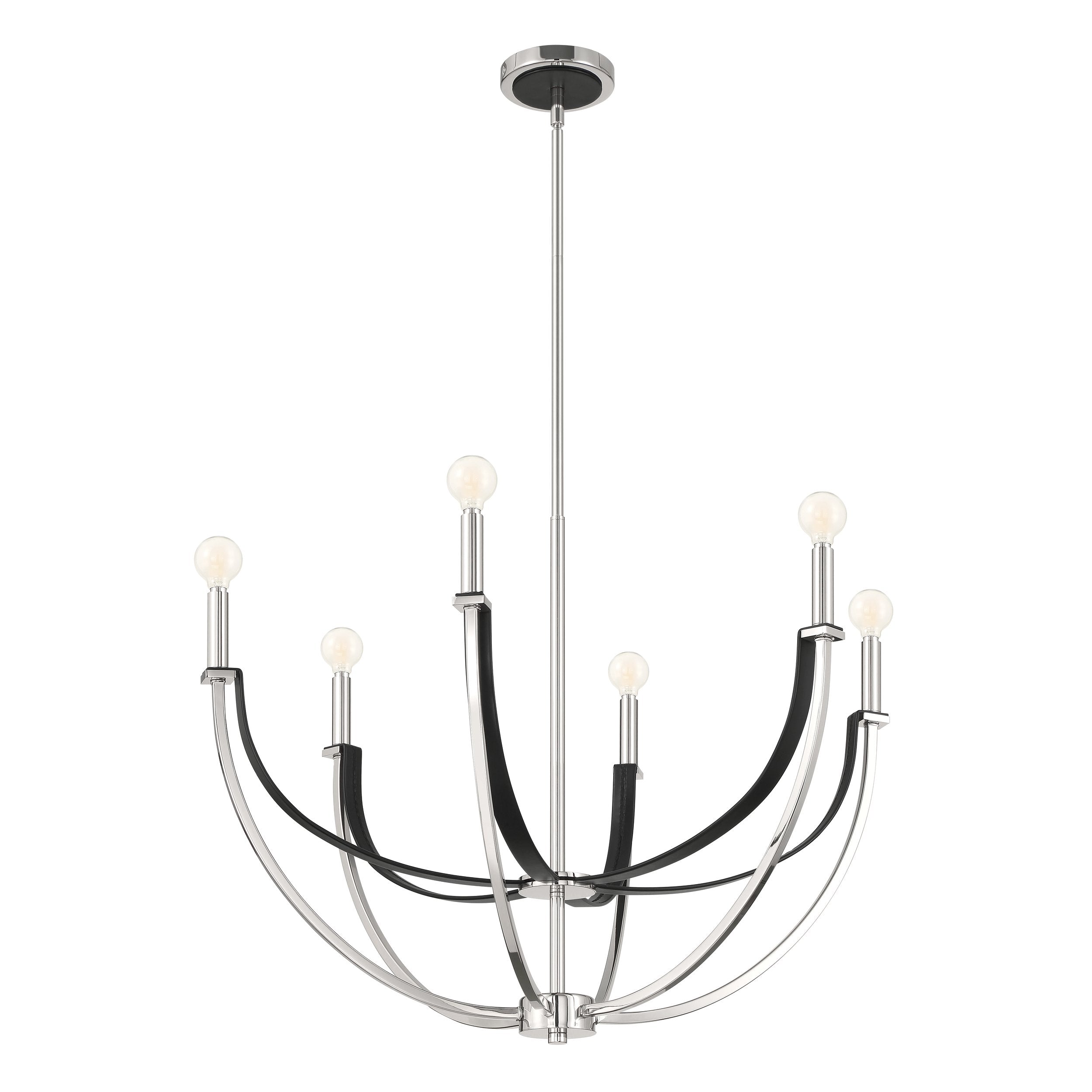 Sussex 29-inch 6-light Polished Nickel and Black Faux Leather Chandelier
