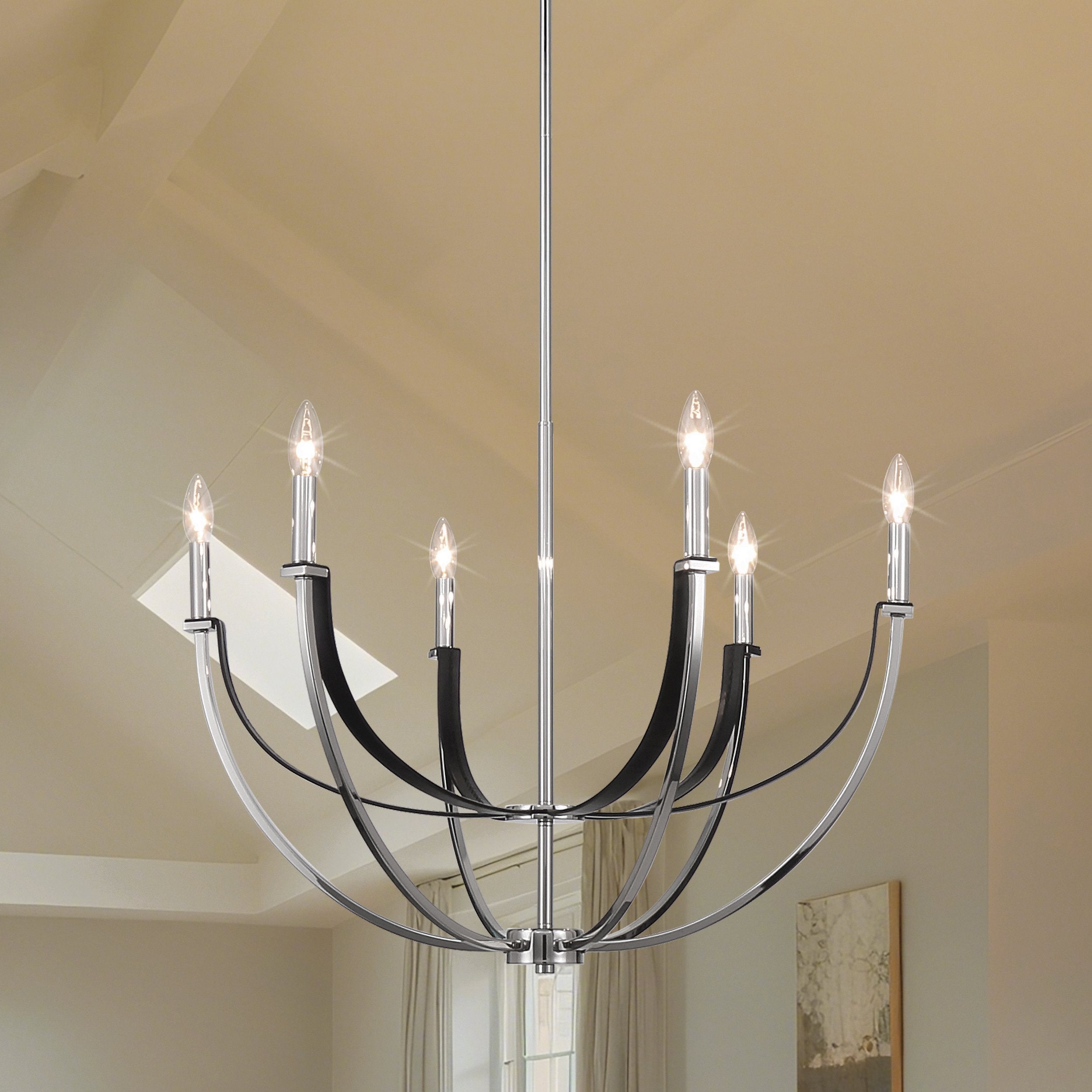 Sussex 29-inch 6-light Polished Nickel and Black Faux Leather Chandelier