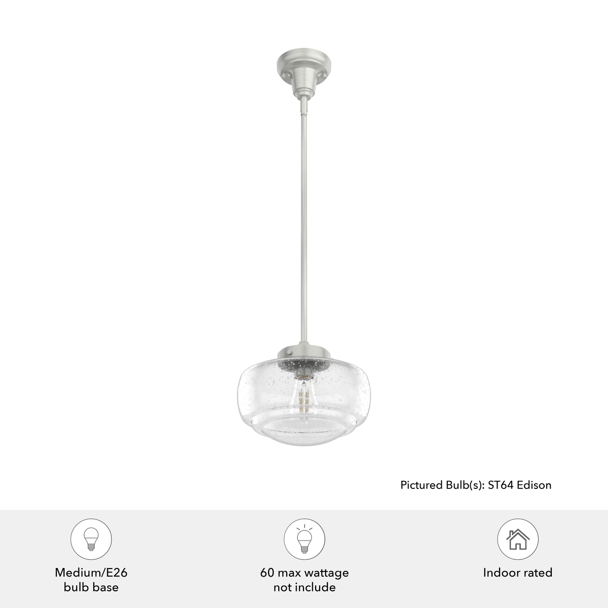 Saddle Creek 10-inch 1-light Brushed Nickel Schoolhouse Pendant with Seeded Glass