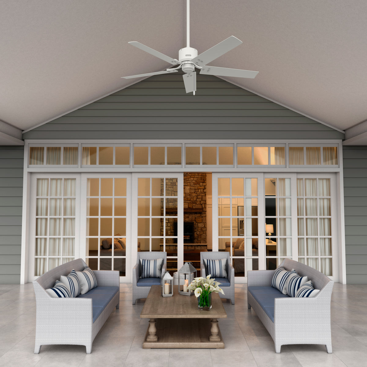 52 inch Windbound Matte White Damp Rated Ceiling Fan and Pull Chain