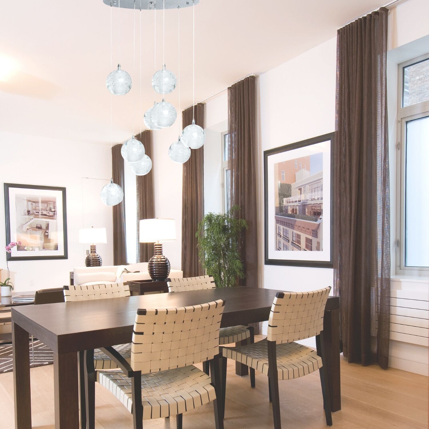 9 light Crystal Spheres Chandelier | Round Chrome Canopy