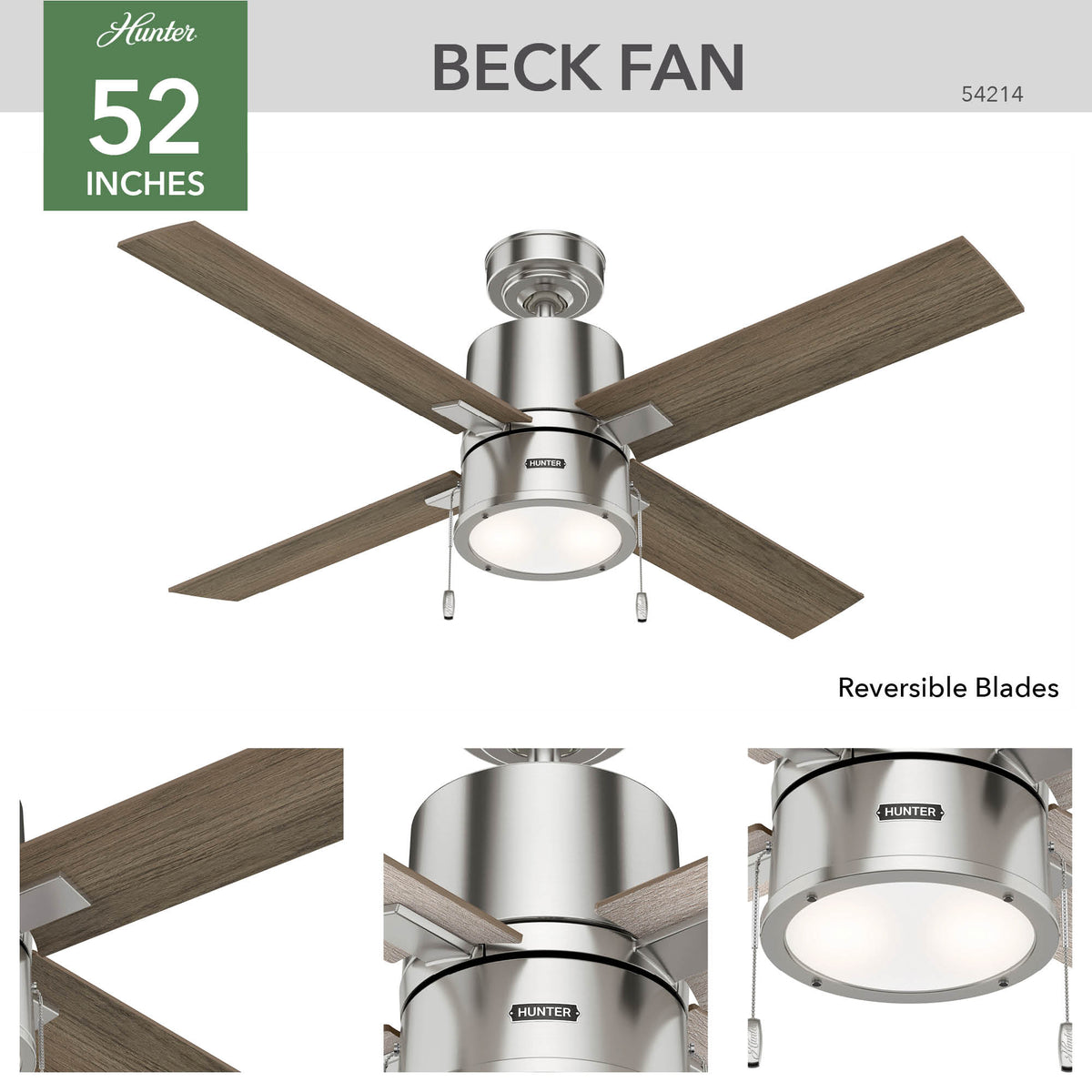 52 inch Beck Brushed Nickel Ceiling Fan with LED Light Kit and Pull Chain