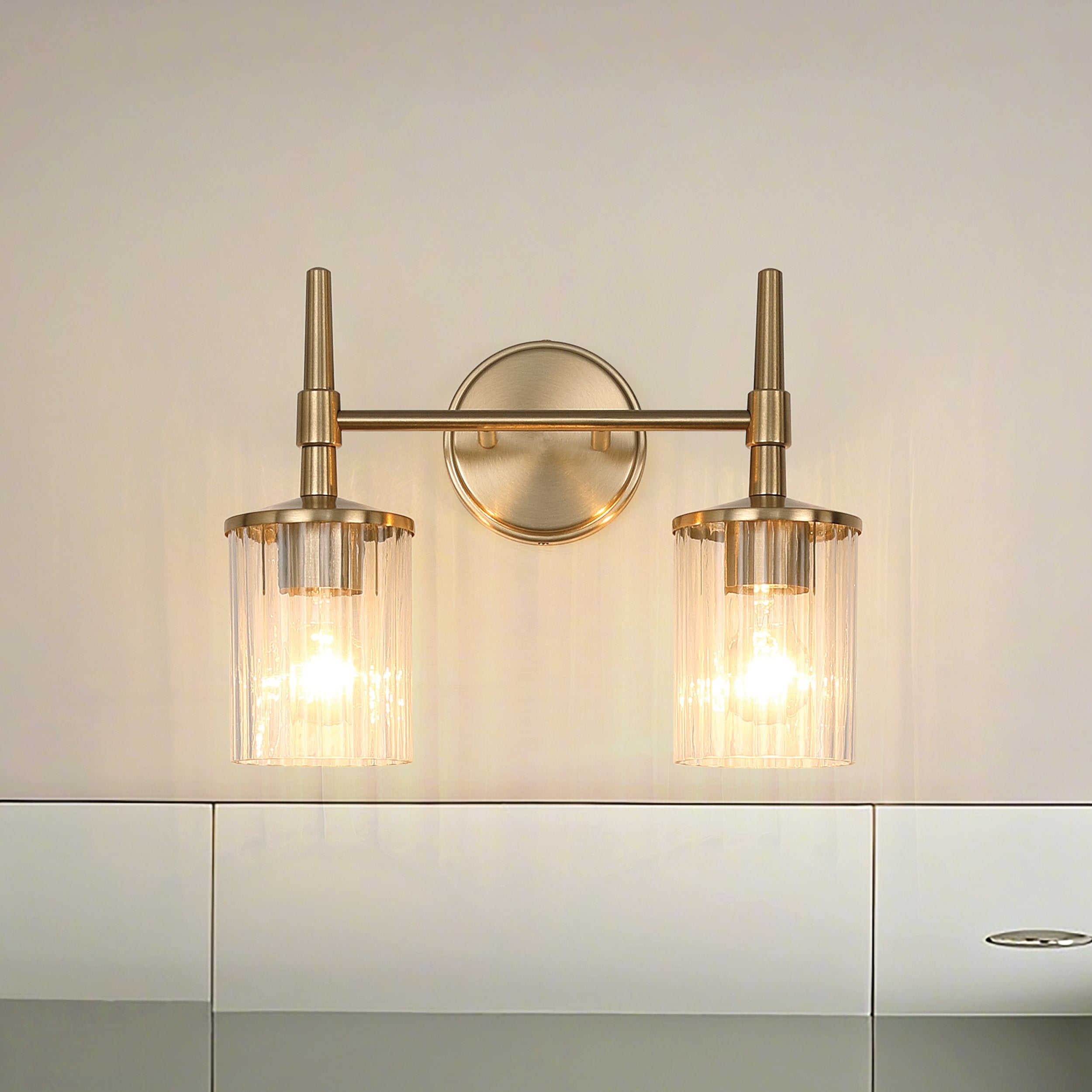 Andrea 15-inch 2-light Champagne Gold Vanity Light with Clear Ribbed Glass Shades