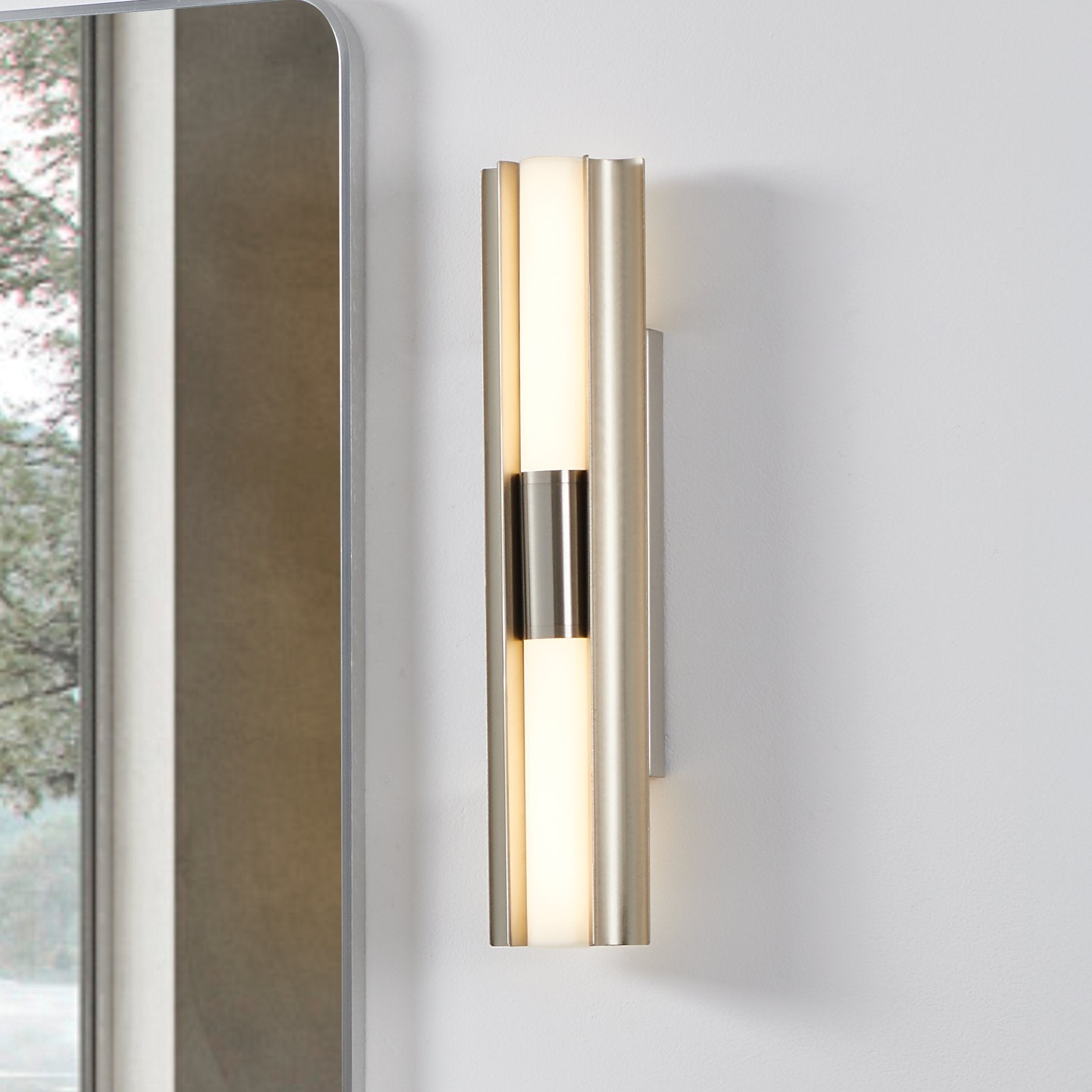 Colton 24-inch 2-light Brushed Nickel 5CCT LED Vanity Light with Etched Opal Glass Shades