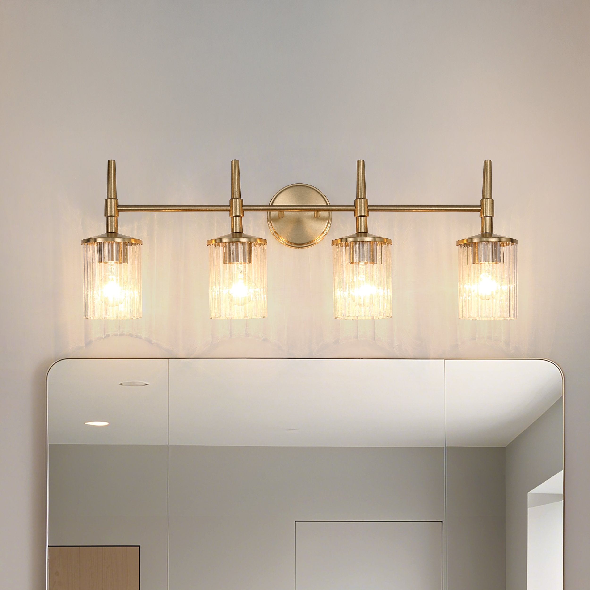 Andrea 32-inch 4-light Champagne Gold Vanity Light with Clear Ribbed Glass Shades